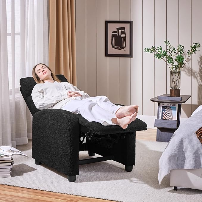 Yaheetech Boucle Recliner Chair Single Sofa Home Theater Seating Adjustable Modern Single Reclining Chair for Living Room Bedroom Home Theater Black