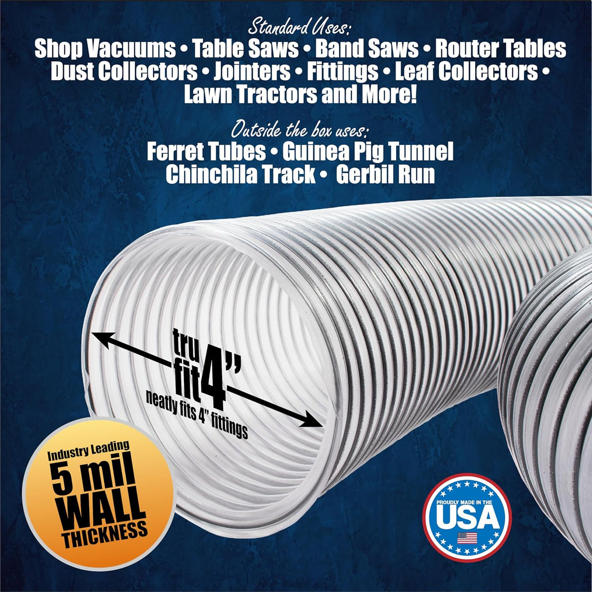 PVC Dust Collection Hose w/4 Thumbscrew Clamps, Puncture Resistant, Carbon Steel Wire, Clear Flexible PVC Dust Collector Hose, Proudly Made in USA (4" x 20')
