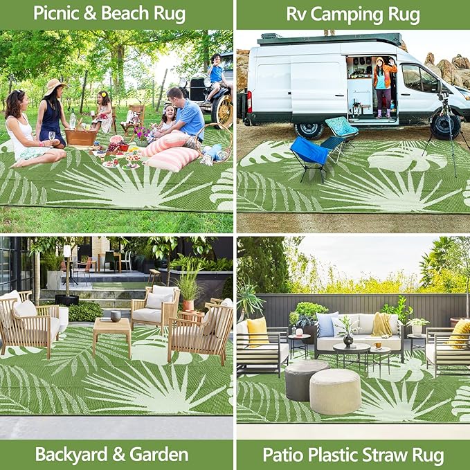 Waterproof Outdoor Rug 8x10 ft, Reversible Plastic Straw Mat with Leaf Pattern, Large Floor Mat for Patio, Camping, Picnic, Backyard RV, Deck, Light Green