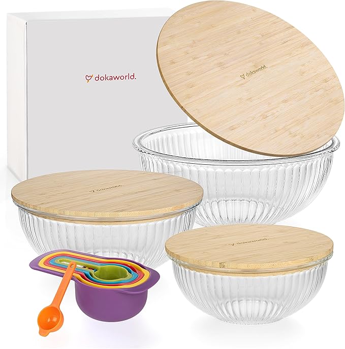 Stackable Space-Saving Nesting Set of 3 Glass Bowls with Bamboo Lids for Foodprep, Storage, Mixing & Cooking - Microwave & Oven Safe BPA Free Durable Heat Resistant Inert Borosilicate Glass