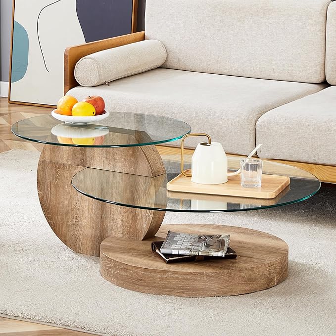 Glass Coffee Table, Modern Round Glass Coffee Table with Wooden Base, 3 Tier Round Coffee Table, Clear Cocktail Table with Storage for Living Room, Office, Balcony, Light Wood