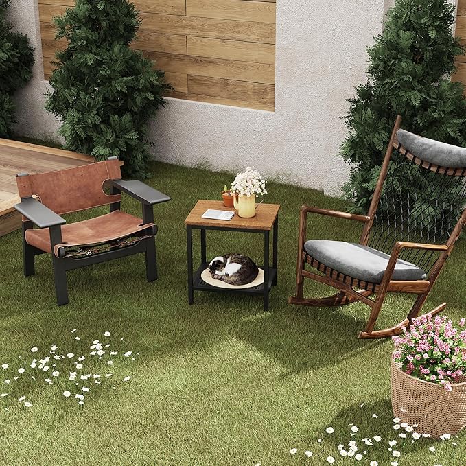 Outdoor Side Table with Storage, 2-Tier Patio End Tables Weather Resistant, Black Outdoor Accent Table,Small Side Table for Pool, Deck, Garden