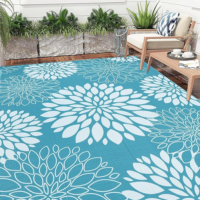 Ileading Reversible Outdoor Rug 8x10Ft Waterproof Patio Rug Carpet Portable Outdoor Plastic Straw Rug Large RV Camping Mat Rug for Patio, Clearance, Deck, Beach, Porch, Camping, Picnic, Teal