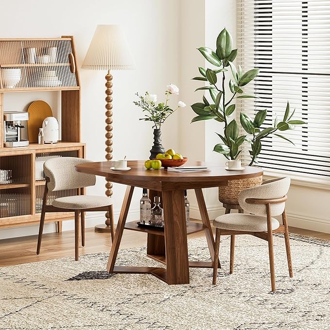 43.3in-59in Extendable Round Dining Table for 4-6,Modern Kitchen Oval Dining Table with Removable Leaves Space Saving,Wood Base with Storage Shelf for Kitchen Living Room