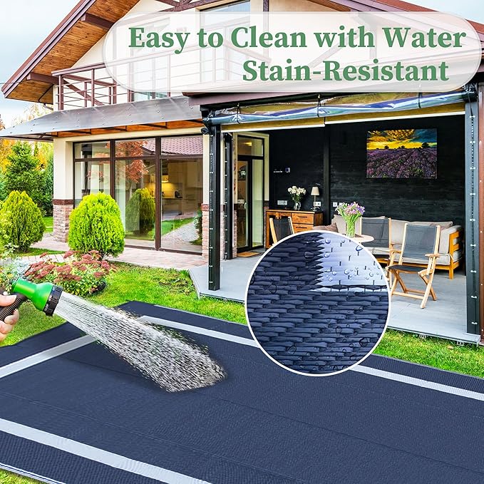 Ogrmar 9x12 FT Reversible Mats, Outdoor Rug for Patio Clearance, Waterproof Carpet, Plastic Straw Rug for Indoor Outdoor, Floor Mat&Rug for RV Porch Camping Backyard Deck Balcony Beach Trailer (Blue)