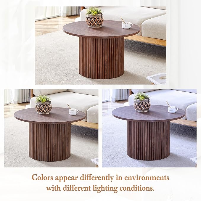 WILLIAMSPACE 27.5" Round Coffee Table with Ylindrical Leg, Modern Farmhouse Wood Circlar Center Table Accent Side End Table for Living Room Apartment, Walnut