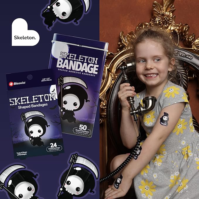 BioSwiss Kids Bandages, Halloween Skeleton Shaped Self Adhesive Bandage Set, Latex Free, Sterile Wound Care, 24 Count