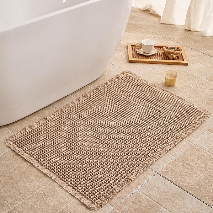 Waffle Bath Mat Non Slip, Boho Bathroom Rug, Super Absorbent Quick Dry Bathroom Mat, Soft Farmhouse Bath Rug with Tassels, Small Washable Shower Mats for Floor 24"x36", Brown