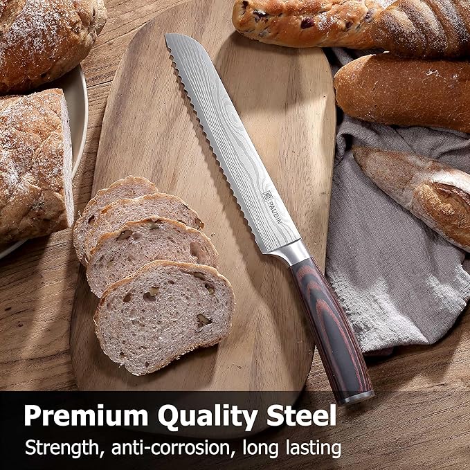 PAUDIN Bread Knife 8", Ultra Sharp Knife Wave Edge - Forged Premium German HC Stainless Steel, Serrated Bread Knife for Homemade Bread and Sourdough Bread, Pakkawood Handle