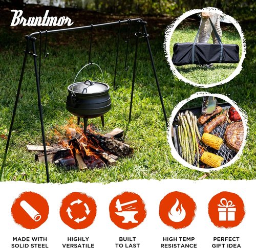 Bruntmor Grill Swing Campfire Cooking Stand BBQ Grill for Cookware & Dutch Oven Adjustable Collapsible Legs with Hooks & Accessories & Carrying Case Black