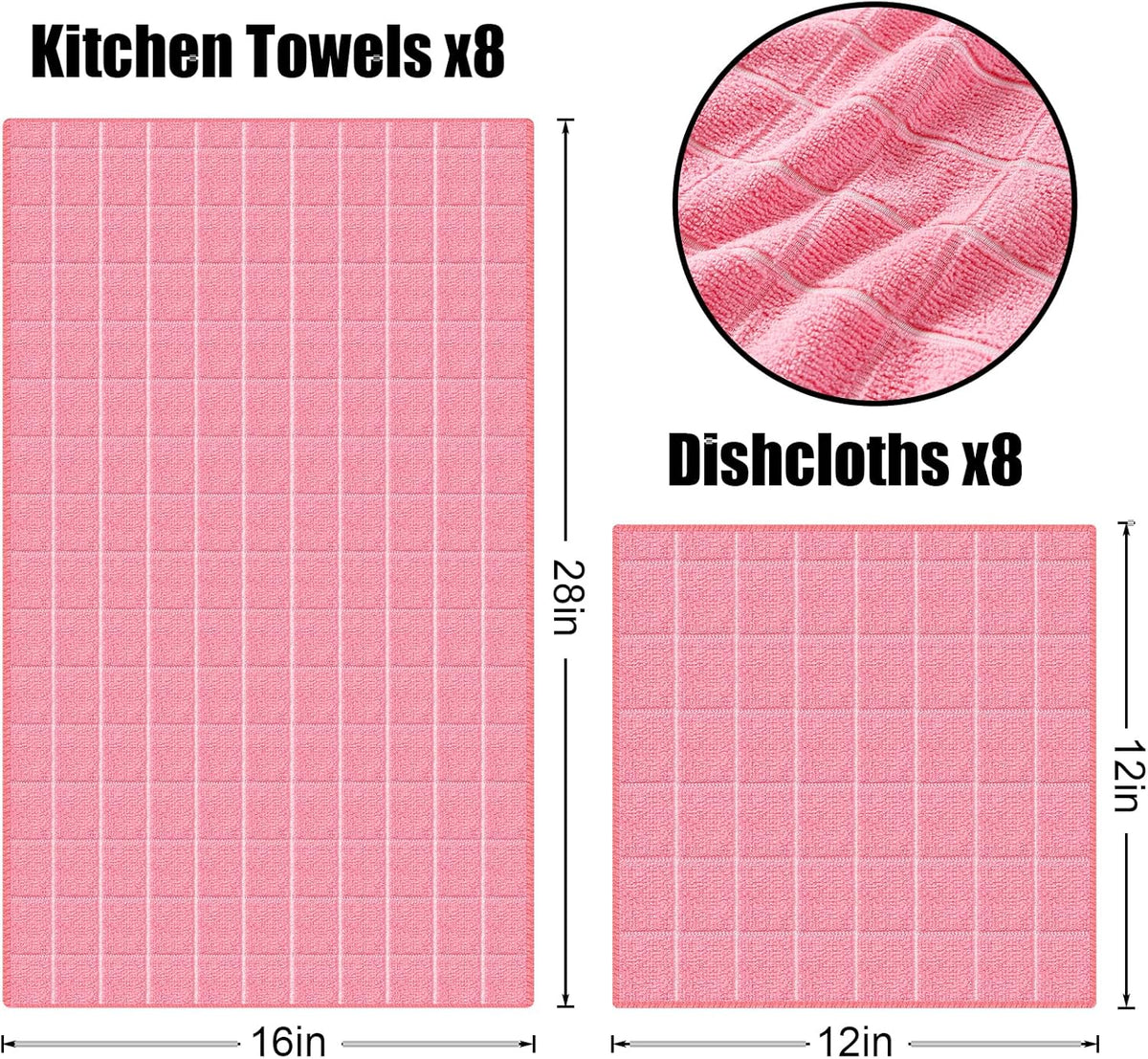 Homaxy Microfiber Kitchen Towels and Dishcloths Set, 12 Pack Soft and Absorbent Dish Hand Towels Bulk, 28 x 16 Inch & 12 x 12 Inch Quick Drying Rags for Washing Dishes, Pink