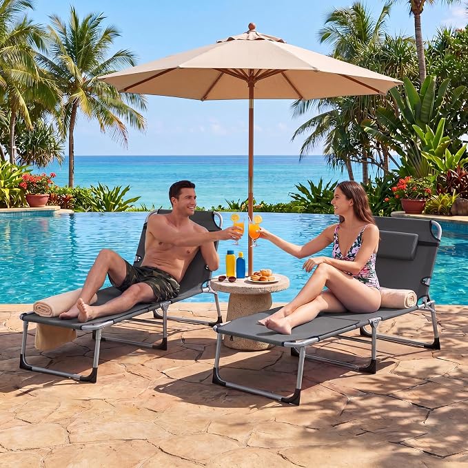 Giantex Tanning Chair, 330Lbs Patio Lounge Chair with 5 Adjustable Position, Face & Arm Hole, Hand/Shoulder Strap, Removable Pillow, Side Pocket, Chaise Lounger for Beach Sunbathing Outdoor, Grey