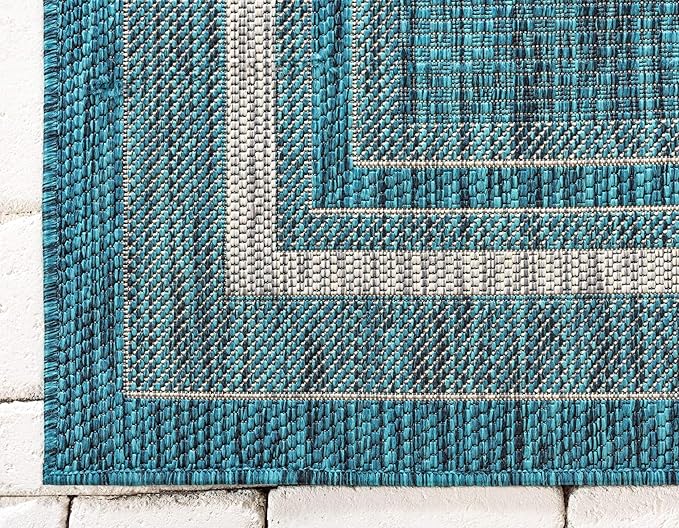 Unique Loom Outdoor Border Collection Area Rug - Soft Border (4' 1" x 6' 1" Rectangle, Teal/ Ivory)