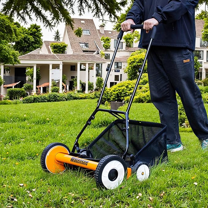 Walensee 18-Inch 5-Blade Push Reel Lawn Mower, Cordless Manual Reel Lawn Mower Walk-Behind Steel Lawn Mowers with Removable 10-Gallon Grass Catcher, Sponge Grip, 9-Position Cutting Height Adjustment