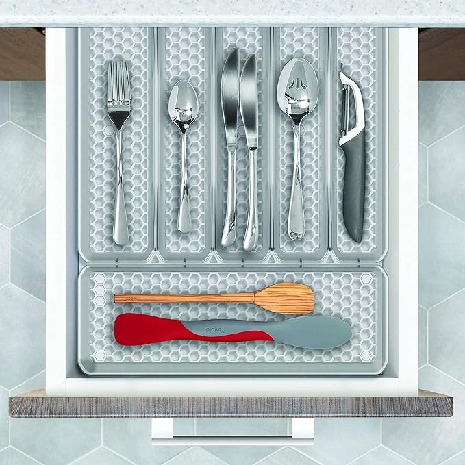 Spectrum Diversified Hexa Drawer Organizer Tray Modern Kitchen Cutlery, Utensil, Silverware Holder Caddy, 6 Dividers Cabinet Storage, 13 x 16, Clear Frost