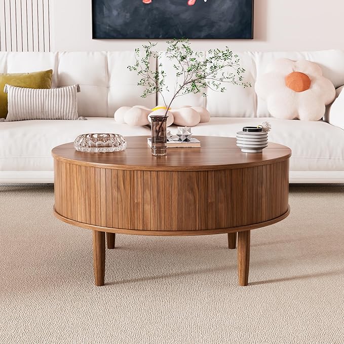 Round Fluted Lift Top Coffee Table with Storage, Mid Century Modern Coffee Table for Living Room, Home Small Space,31.5" Fluted Center Table (Brown, 31.5inch)