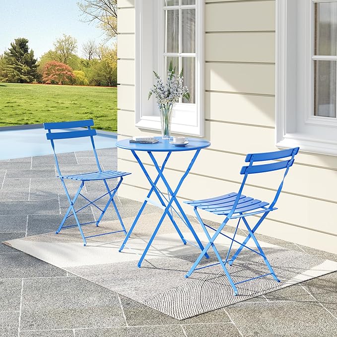 Premium Steel Frame Patio Bistro Set, 3-Piece Outdoor Folding Table and Chairs, Weather Resistant Conversation Sets of 2, Space Saving Patio Furniture for Backyard Balcony Porch Garden, Blue
