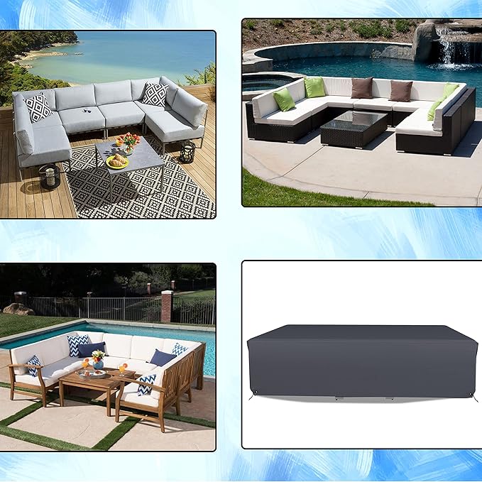 Covers & All Patio Sectional Sofa Set Cover 160 GSM PVC Emboss Fabric Outdoor Furniture Table and Chair Set Cover with Drawstring for Snug Fit (126" W x 126" D x 28" H, Grey)