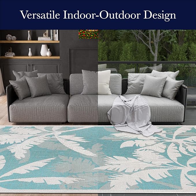 Couristan Monaco Indoor Outdoor Area Rug – Coastal Flora 7'6" x 10'9" in Ivory Turquoise – Flatwoven, Hose Washable, Pet Friendly Rug for Patio, Porch and Home Decor
