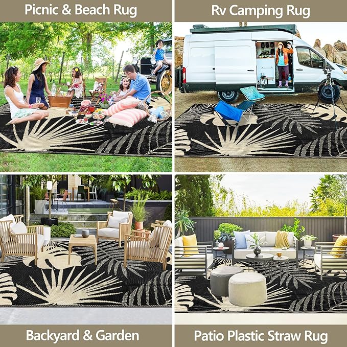 Waterproof Outdoor Rug 8x10 ft, Reversible Plastic Straw Mat with Leaf Pattern, Large Floor Mat for Patio, Camping, Picnic, Backyard RV, Deck, Black