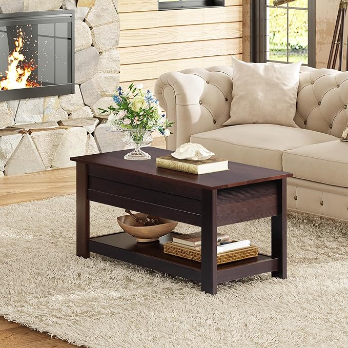 WLIVE Coffee Table, 39" Lift Top Coffee Table with Hidden Compartment, Storage Shelf and Lifting Top for Home Living Room, Office and Bedroom, Red-Brown