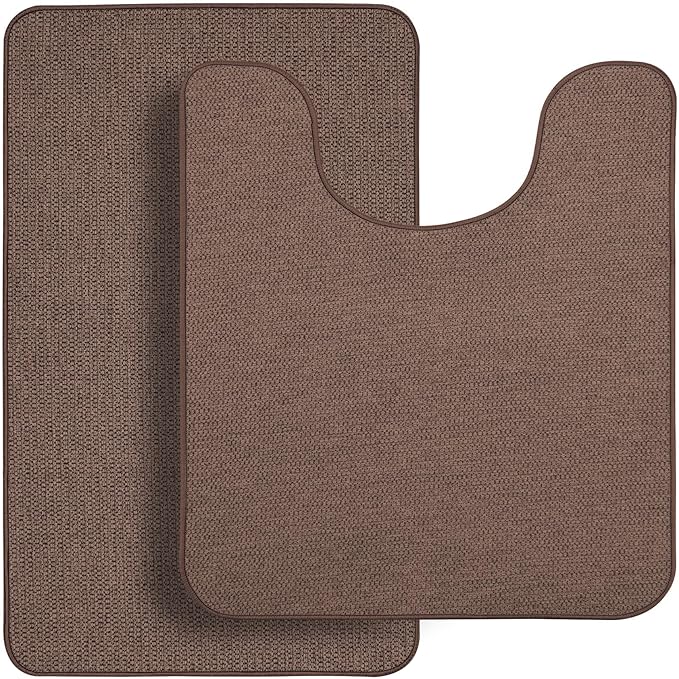 Bathroom Rugs Set 2 Pieces,Thin Bathroom Mats,Toilet Rugs,Quick Dry,Non-Slip,Machine Washable,Low Pile,Absorbent Bath Mats,Shower,Sink,Home Decor Accessories.Brown,1'5"x2'3"+1'8"x2" U Shape