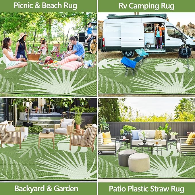 Waterproof Outdoor Rug 9x12 ft, Reversible Plastic Straw Mat with Leaf Pattern, Large Floor Mat for Patio, Camping, Picnic, Backyard RV, Deck, Light Green