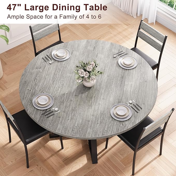 Round Dining Table for 4,Kitchen Dining Room Circle Dinner Pedestal Table,Space Saving Wood Kitchen & Dining Room Furniture (Grey, 47In)
