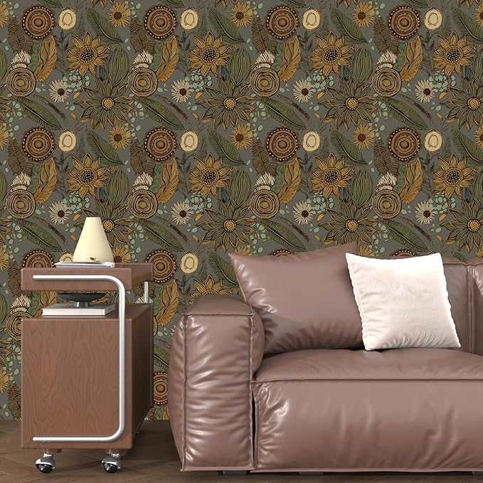 Grey Boho Wallpaper Peel and Stick, Vintage Green Yellow Floral Contact Paper