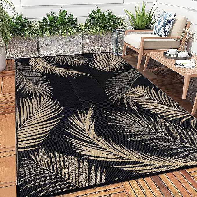 Pauwer Waterproof Outdoor Rug 6x9, Reversible Plastic Straw Patio Camping Rug, Indoor Outdoor RV Mat Carpet for Deck, Camper, Porch, Balcony, Backyard, Picnic, Leaf Black Brown