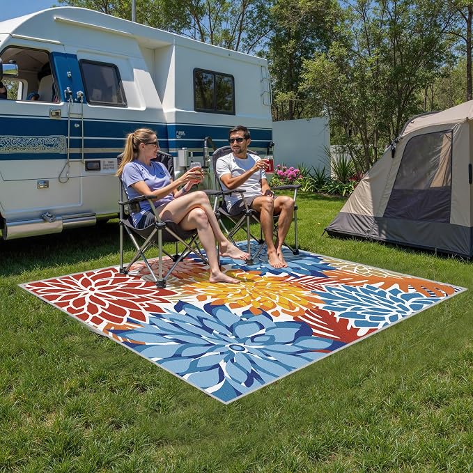 Colorful 5x8 Outdoor Area Rug Washable Multicolored Patio Rug Tropical Botanical Floral Chenille Waterproof Outdoor Carpet for Living Room, Deck, Backyard, Porch, Vivid Dahlia