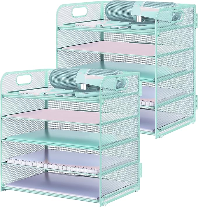 2 Pack Letter Tray Paper Organizer 5-Tier Desk Organizer File Organizer Paper Holder with Handle, Metal Desktop Document Shelf Tray Office Classroom Organization - Blue