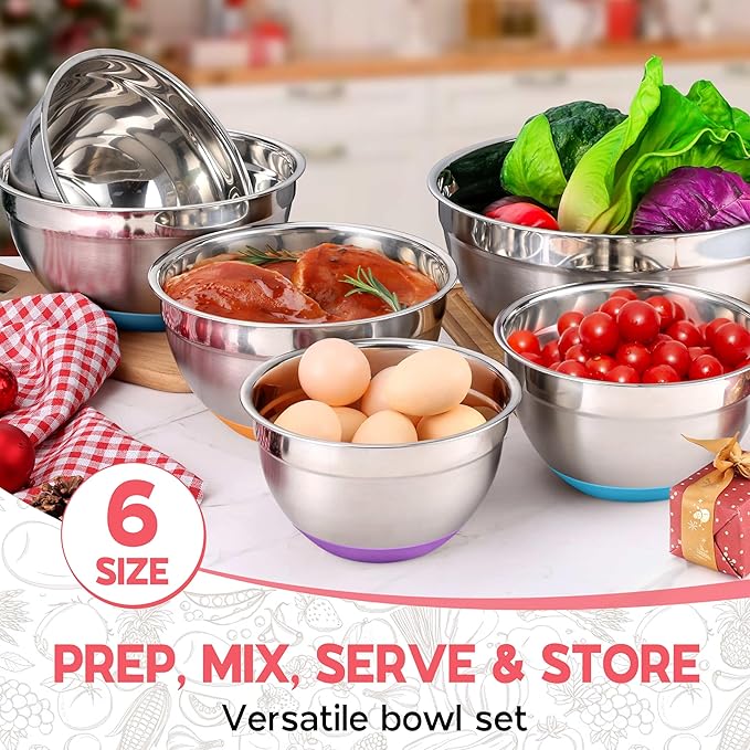 Colorful Mixing Bowl Set of 6 for Kitchen, Large Stainless Steel Metal Nesting Mixing Bowls with Airtight Lids, Non Slip - Size 1, 1.5, 2, 2.6, 3.5, 7QT