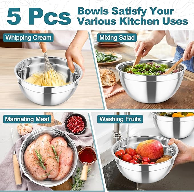 TeamFar Mixing Bowls, Stainless Steel Salad Serving Bowl with Clear Lids & 3 Graters, For Kitchen Cooking Prepping Storing, Size 4.6/2.6/1.5/1/0.7 QT, Nesting & Airtight, Set of 5 & Blue