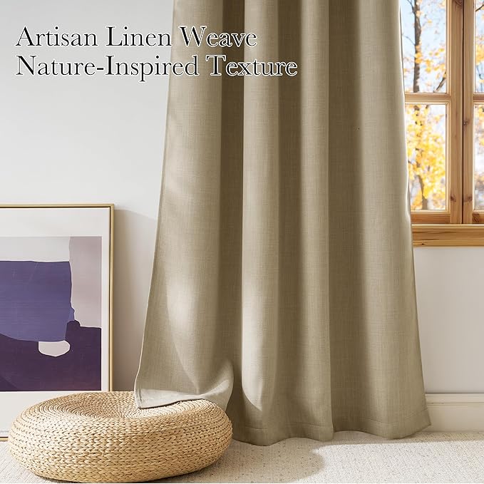 NICETOWN Oatmeal Faux Linen Room Darkening Rod Pocket Curtains 63 inch Length