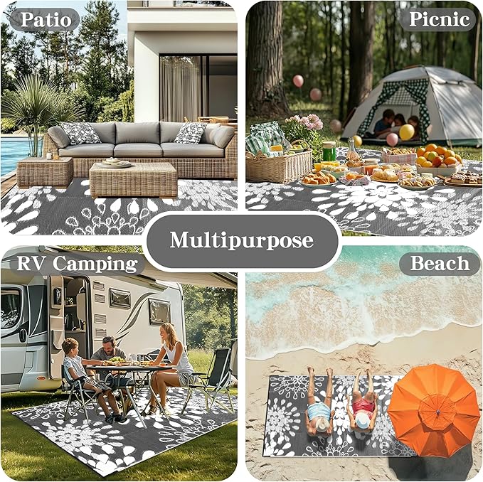 Wallona Outdoor Rugs 9x12 ft Patio Waterproof Clearance Indoor Outdoor Large Carpet for Patio Plastic Straw Reversible Area Rugs Mat for RV, Camping, Balcony, Beach, Picnic, Porch, Flower Grey & White