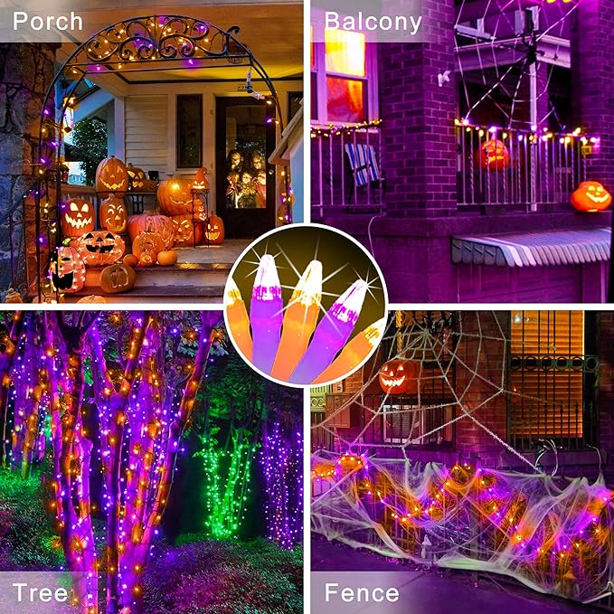 Halloween String Lights for Outside, 200 LED 66 FT String Lights with 8 Lighting Modes & Timer, Indoor Outdoor Halloween Decorations for Patio Yard Fence Deck Balcony Garden Decor (Purple & Orange)