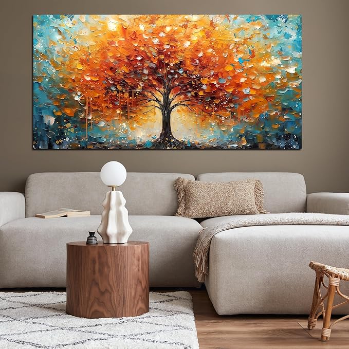 Zoyotago Large Canvas Wall Art Orange Yellow Tree Picture Modern Canvas Prints Ready to Hang for Bedroom Living Room Size 30x60