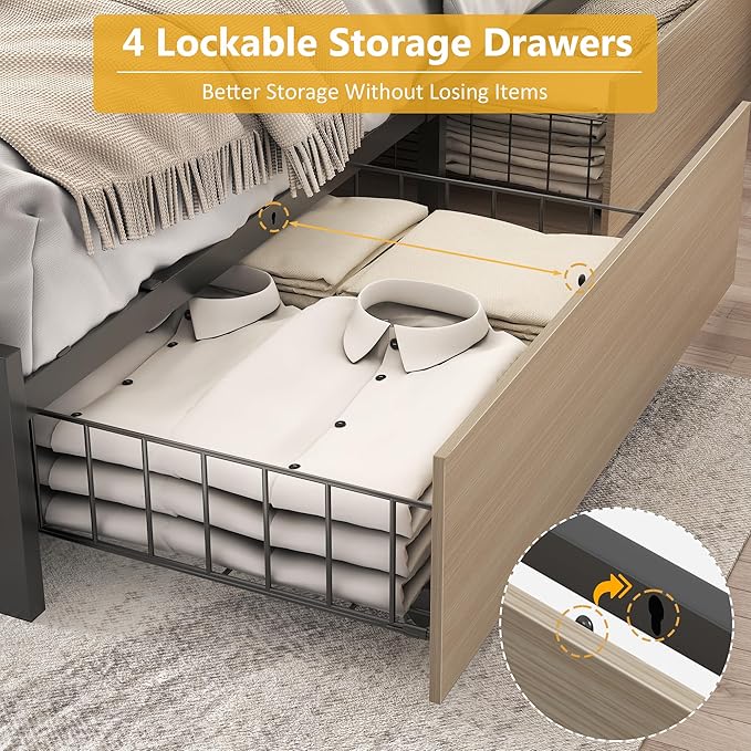Lifezone Full Bed Frame with 2-Tier Storage Headboard, Metal Platform Bed Frame with 4 Storage Drawers, Built in Charging Station & LED, Noise-Free/Metal Support/No Box Spring Needed, Beige
