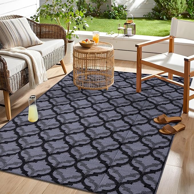 OLANLY Reversible Outdoor Rug 5x8 ft Clearance, Waterproof Outdoor Plastic Straw Rug with Interlacing Pattern, RV Mat for Patio, Camping, Balcony, Deck, Backyard, Black & Grey