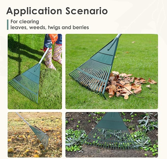 ORIENTOOLS Rake for Leaves,Adjustable Garden Leaf Rake ,Lightweight Steel Poly Yard Rake,22 Tines, 42 to 60 Inches (Silver Handle)