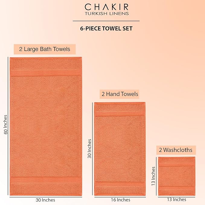 Chakir Turkish Linens 100% Cotton Premium Turkish Towels for Bathroom, 2 Large Bath Towels, 2 Hand Towels, 2 Washcloths (6-Piece Towel Set, Coral)