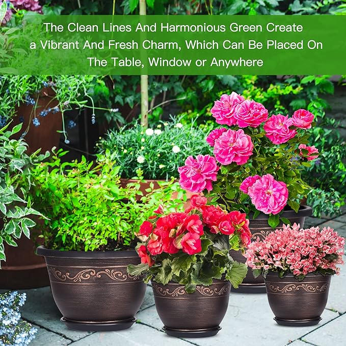 Plastic-Plant-Flower-Planters-8 Inch with Drainage Hole & Saucer, 6 Packs Lightweight Small Resin Flower Pot Indoor Outdoor, Retro Antique Imitation Decorative Garden Containers Sets for Houseplants