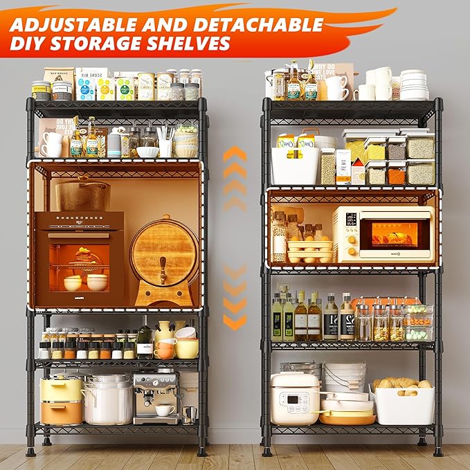 REIBII 1000LBS Wire Shelving Unit, 5 Tier Adjustable Metal Storage Shelves for Kitchen Pantry Office Steel Organizer Wire Rack for Narrow Space, 13.4" D x 23.2" W x 60" H, Black,2PCS