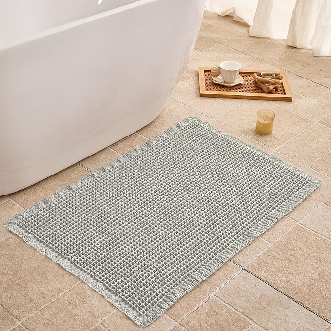 Waffle Bath Mat Non Slip, Boho Bathroom Rug, Super Absorbent Quick Dry Bathroom Mat, Soft Farmhouse Bath Rug with Tassels, Small Washable Shower Mats for Floor 24"x36", Light Grey