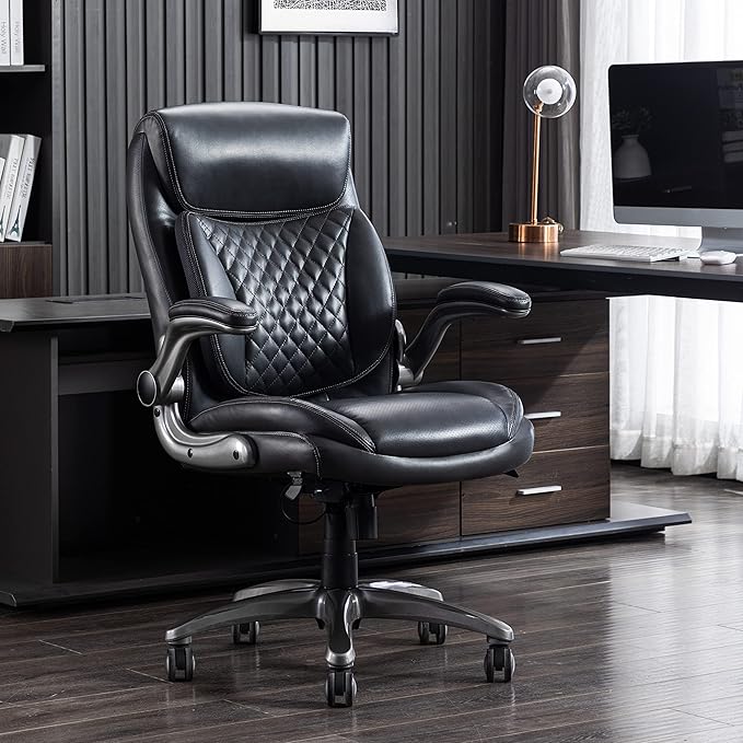 Amazon Basics Ergonomic Executive Office Desk Chair with Lumbar Support, Flip-up Armrests, Adjustable Height, Grey Leather