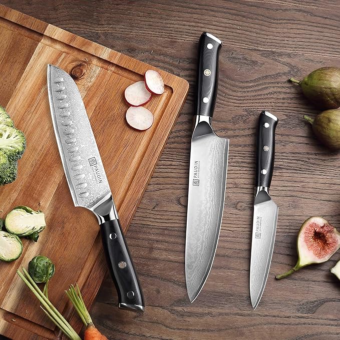 PAUDIN Damascus Knife Set 3 PCS, Japanese VG10 Steel Core, Ultra Sharp Chef Knife Set, Full Tang G10 Handle, Damascus Kitchen Knives