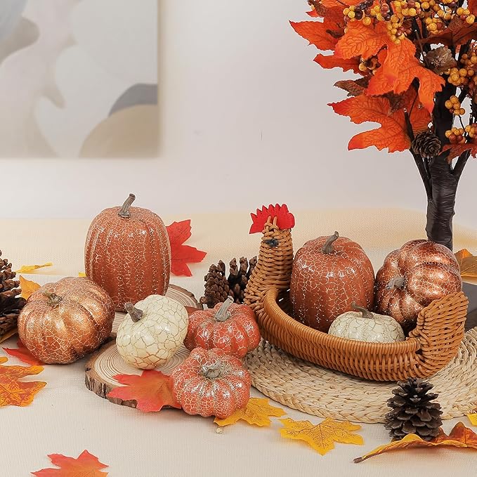 Artgar Pumpkin Decor, 8 PCS Halloween Pumpkin, Metal Cracked Design Foam Pumpkins for Halloween Thanksgiving Fall Home Table Indoor Outdoor Decorations