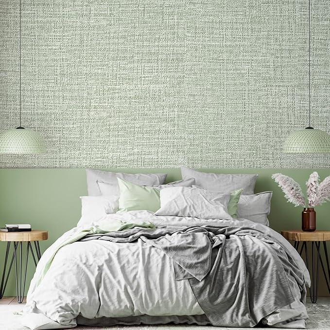 Green Grasscloth Wallpaper 17.3"x160" Faux Linen Textured Contact Paper
