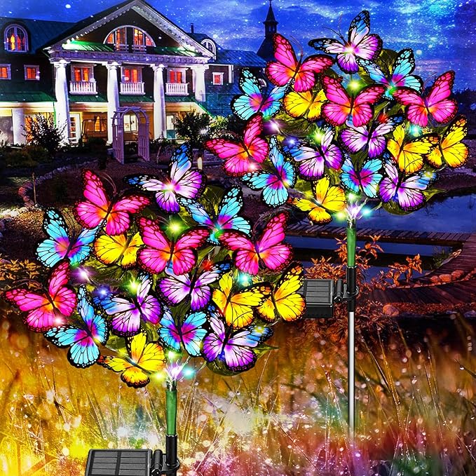 Solar Garden Lights Outdoor Waterproof Solar Lights 2 Pack with New Upgraded 72 LED 34 Butterfly Outdoor Solar Lights for Yard Outside Garden Pathway Decor Gifts for Womens Mother's Day